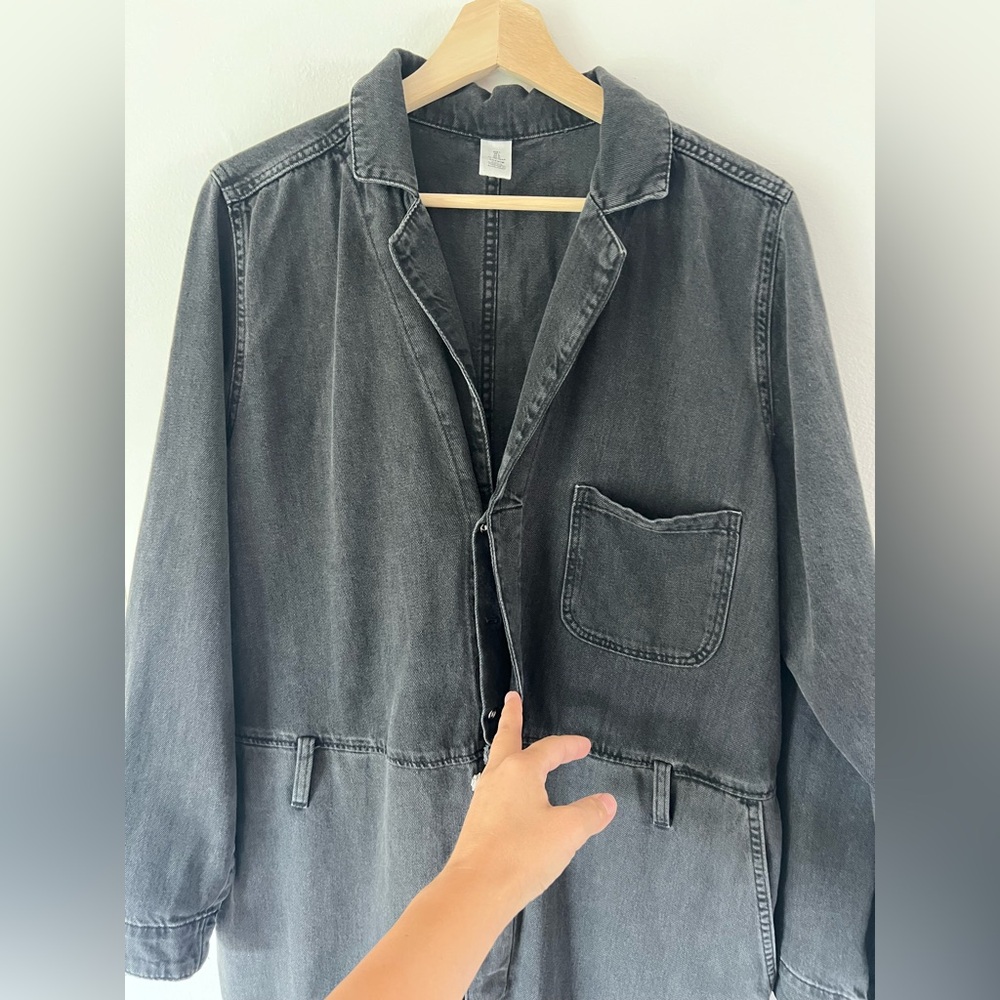 &Denim‎ Washed Black Grey Long Sleeve Button Front Relaxed Fit Denim Jumpsuit - Picture 3 of 11